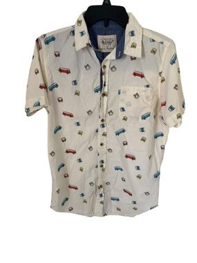 Men’s Cream Short-Sleeve Button-Up Shirt with Retro Camper Print